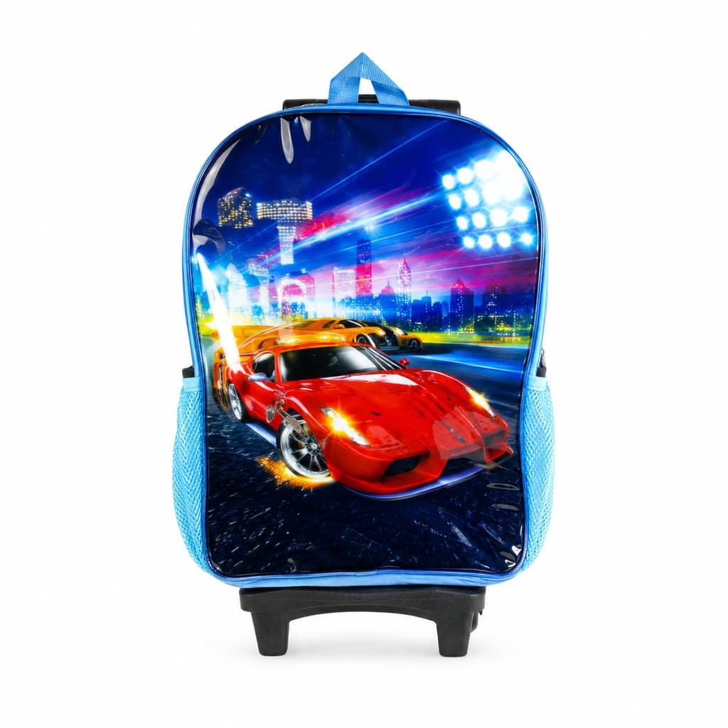 Mochila Infantil de Rodinhas Carros de Corrida Escolar 17L First Grande Resistente Cor Sortida