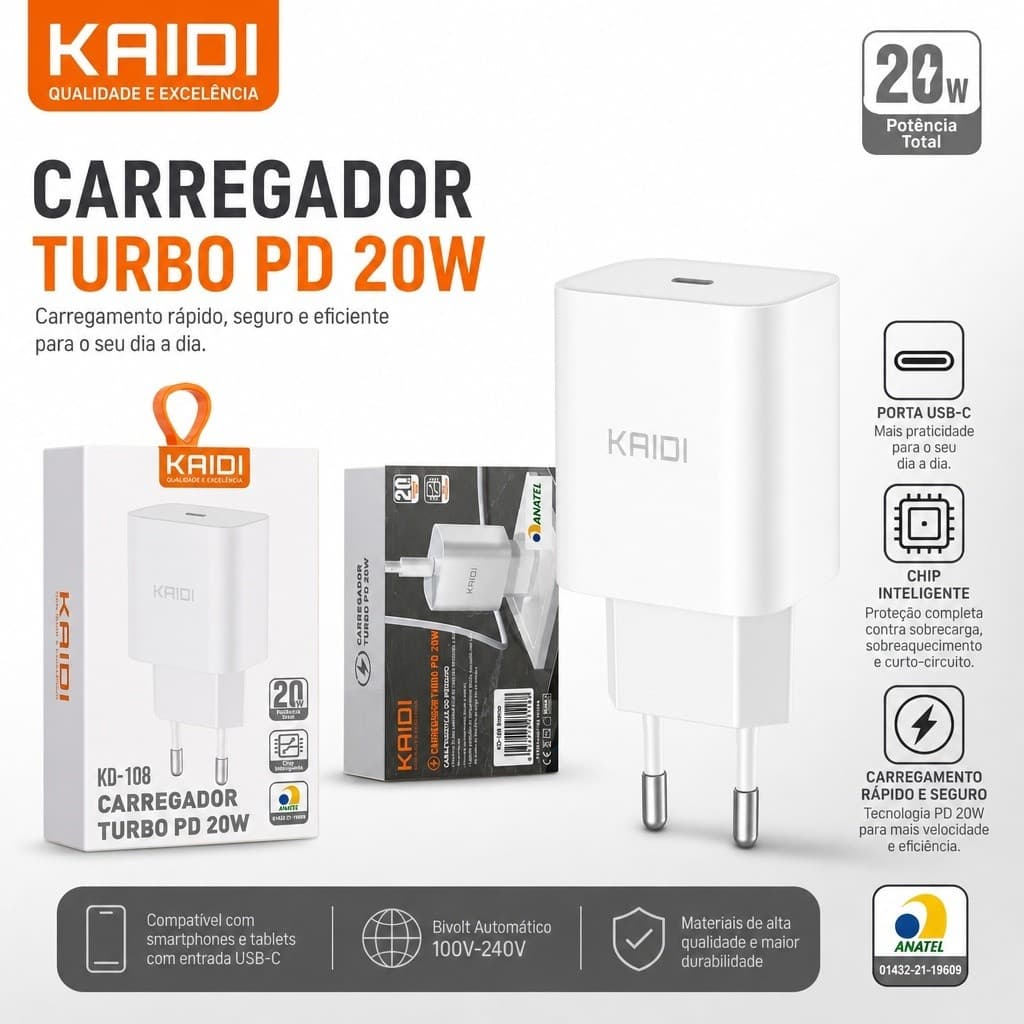 Carregador Turbo Entrada Modelo Tipo C e Lightning Turbo Pd20w Kaidi Kd-108