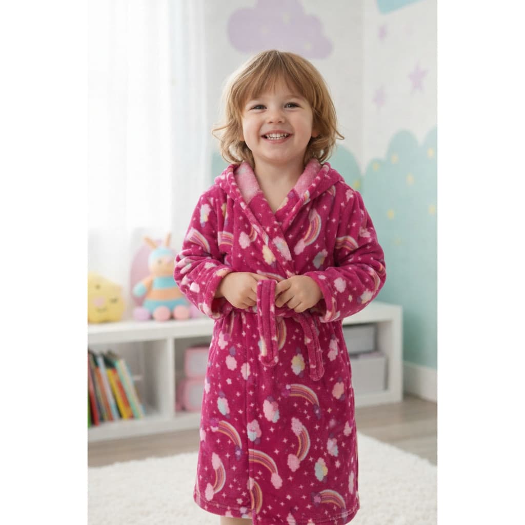 Roupão infantil estampado - Unicórnio, Arco-íris Rosa e Nuvem - Pós banho menina - Com cinto, capuz, manta soft