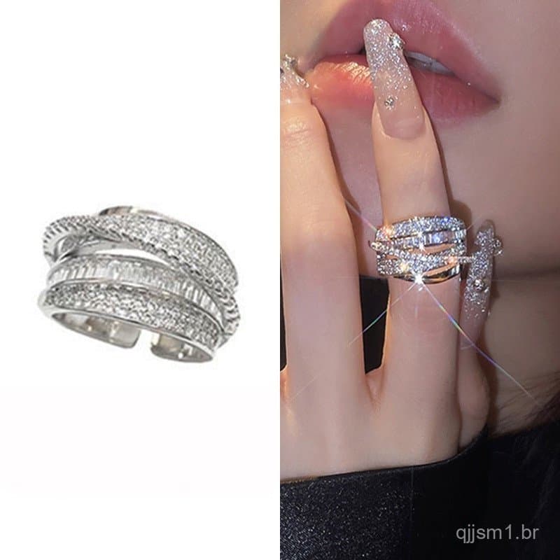 Novo Anel Aberto Ajustável de Luxo com Strass e Design Exclusivo de Enrolamento, de Alta Qualidade e Leve