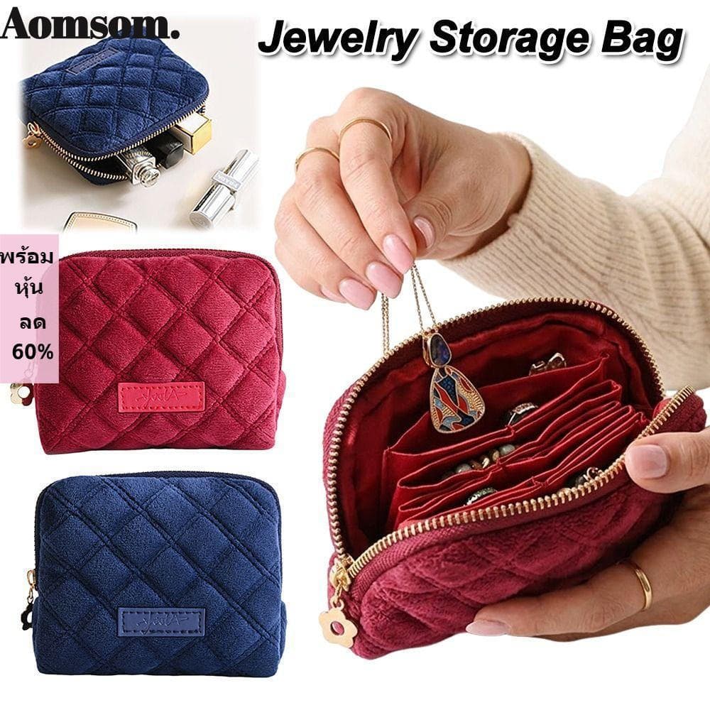 Bolsa de Armazenamento de Colares AOMSOM, Bolsa de Joias com Zíper e Franjas de Grande Capacidade, Padrão Diamante Portá