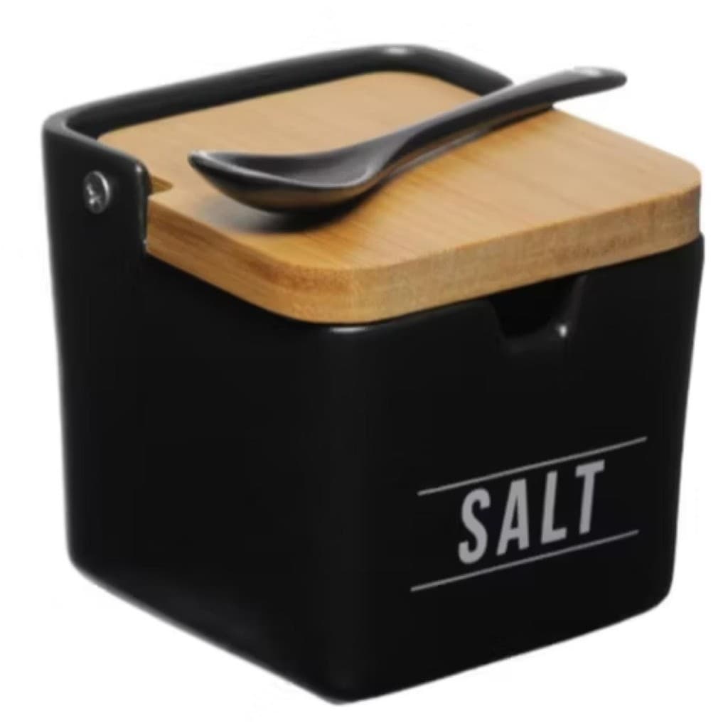 Saleiro Porcelana Porta Condimentos Quadrado Preto Tampa Bambu com Colher Salt