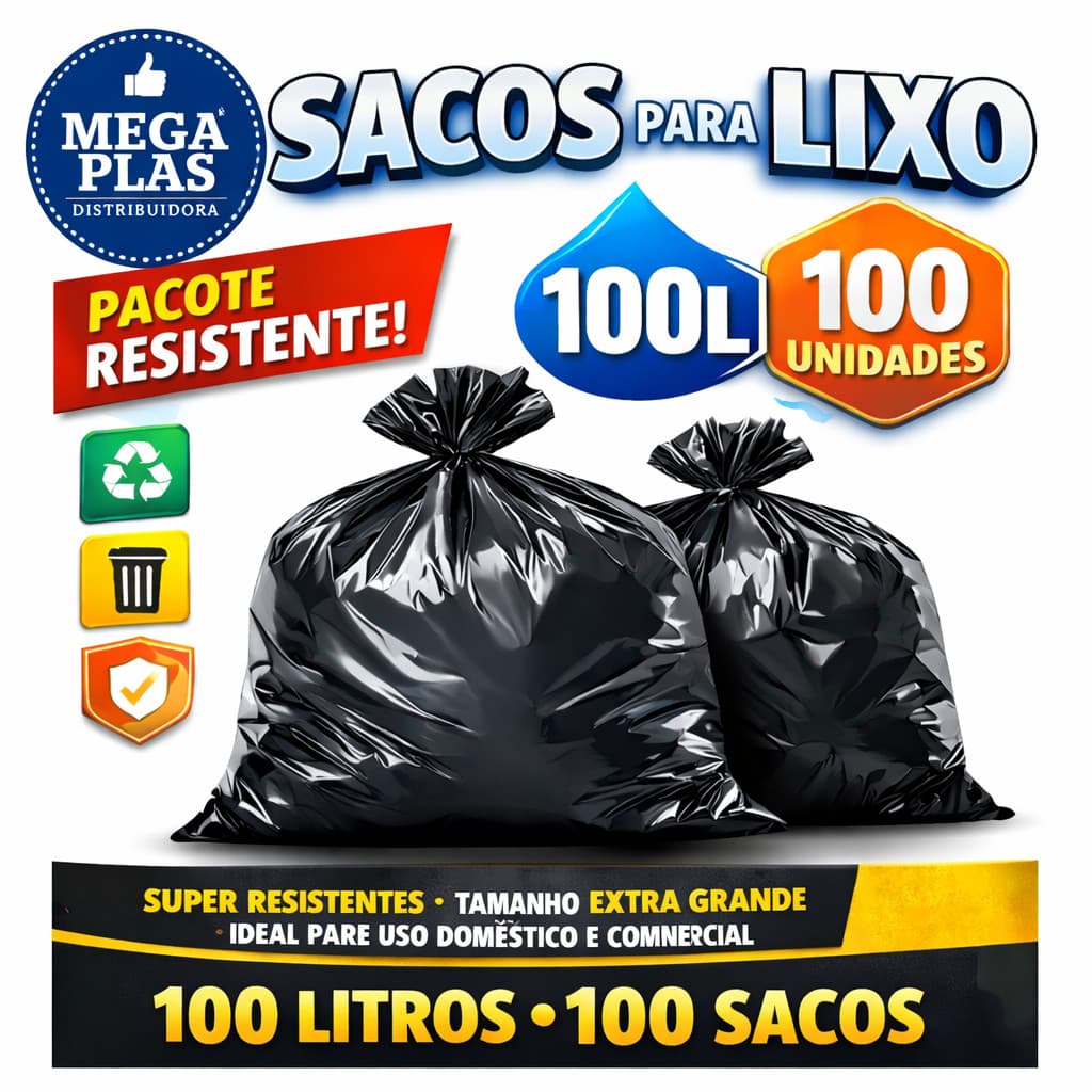 Saco de Lixo 100L Reforçado Preto Resistente Pacote 100 Unidades Alta Qualidade
