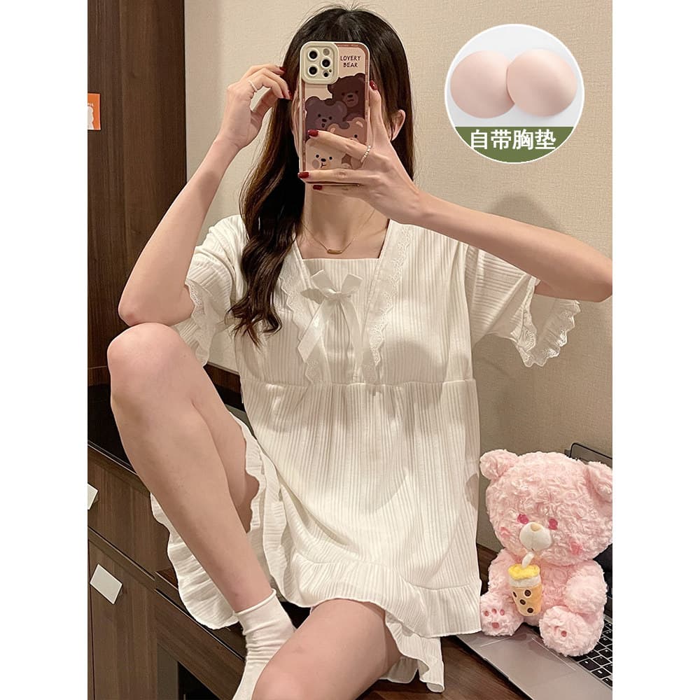 Pijamas femininos primavera outono puro algodão doce bonito Homewear com almofadas no peito verão Shorts de manga curta