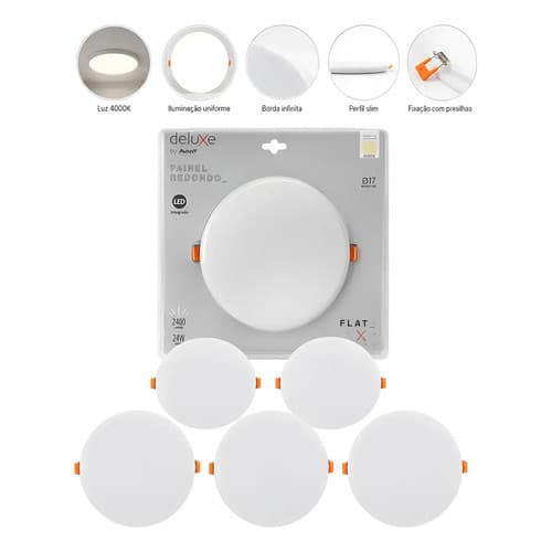 5 Painel Led Flat Redondo Embutir Neutro 4000k 24w Bivolt