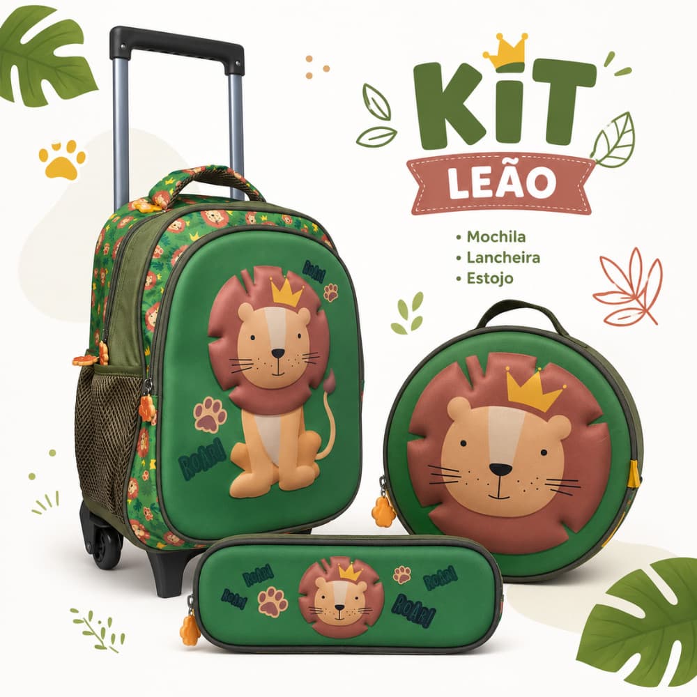 KIT MOCHILA RODINHA, LANCHEIRA E ESTOJO LEÃO 3D BABY - YS42548-MC - YINS