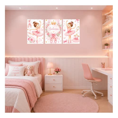 Kit 03 Quadros Decorativos Para Quarto Infantil Menina Bailarina 50x90