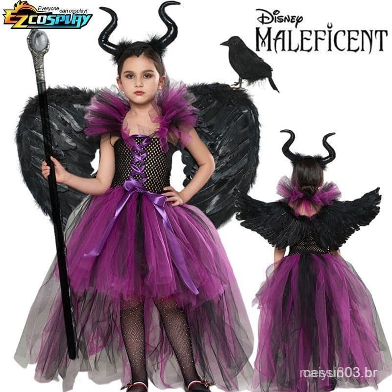 Fantasia Deluxe da Maléfica da Disney para Meninas, Vestido de Malha Preta com Cauda para Halloween, Carnaval e Festa, F