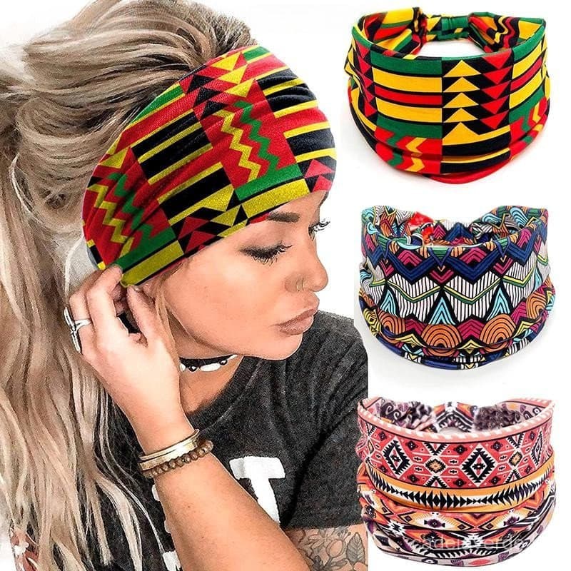 Moda Algodão Estiramento Padrão Africano Impressão Torção Estilo Elástico Faixa De Cabelo Larga Turbante Nó Headwrap .
