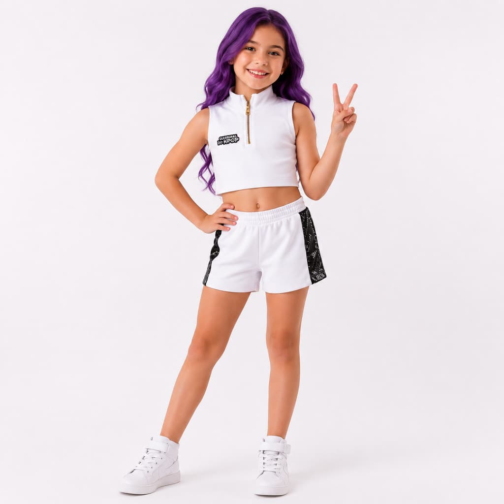 Fantasia Kpop Infantil Blusa Short Branco com Estampa Menina