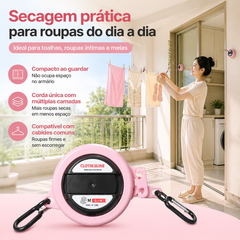Varal de viagem telescópico com armazenamento rotativo multifuncional resistente e durável compacto e portátil