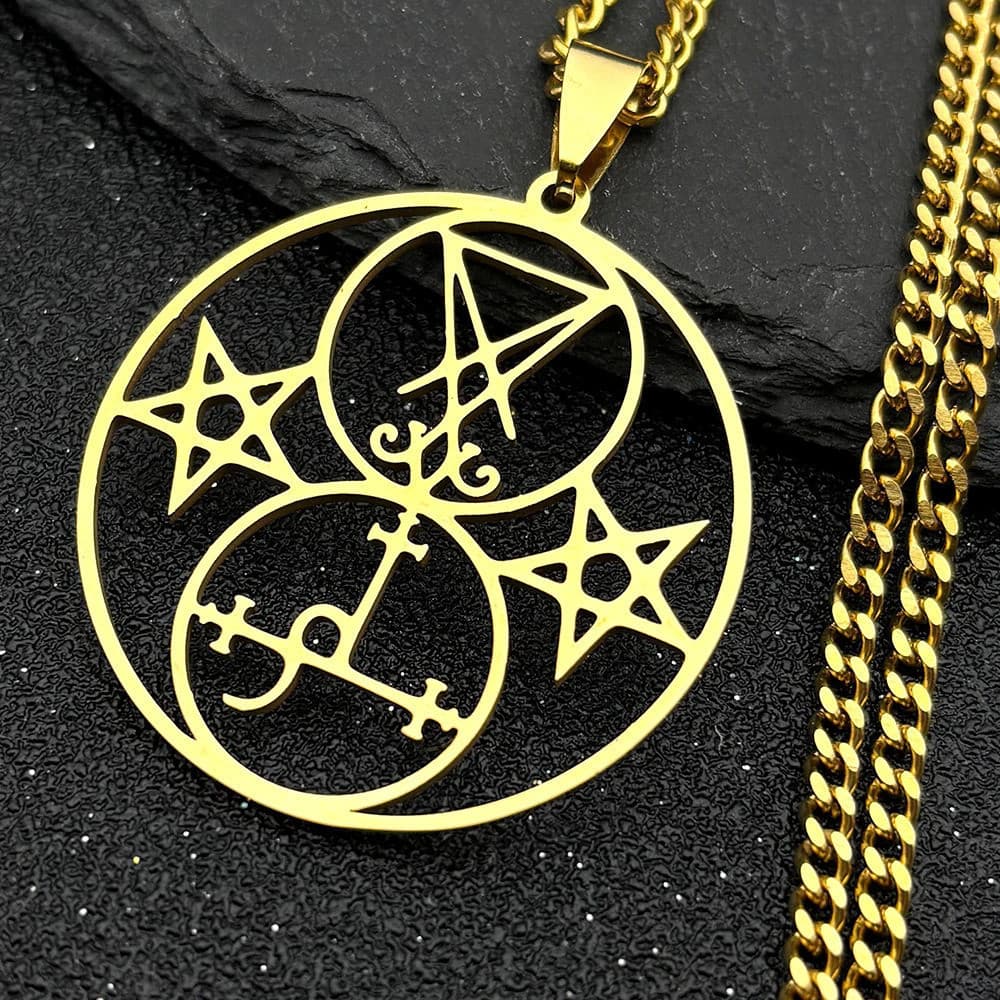 Colar de Aço Inoxidável com Sigilo do Pentagrama de Lilith da Igreja de Lúcifer, Colares de Pentagrama Redondo Oco de Sa