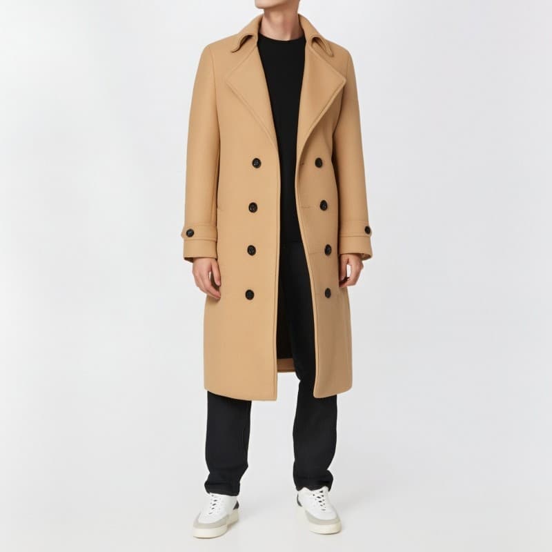 Casaco Longo Masculino Com Lapela Entalhada , Trespassado , Sobretudo Casual De Inverno , Lã Para Homens
