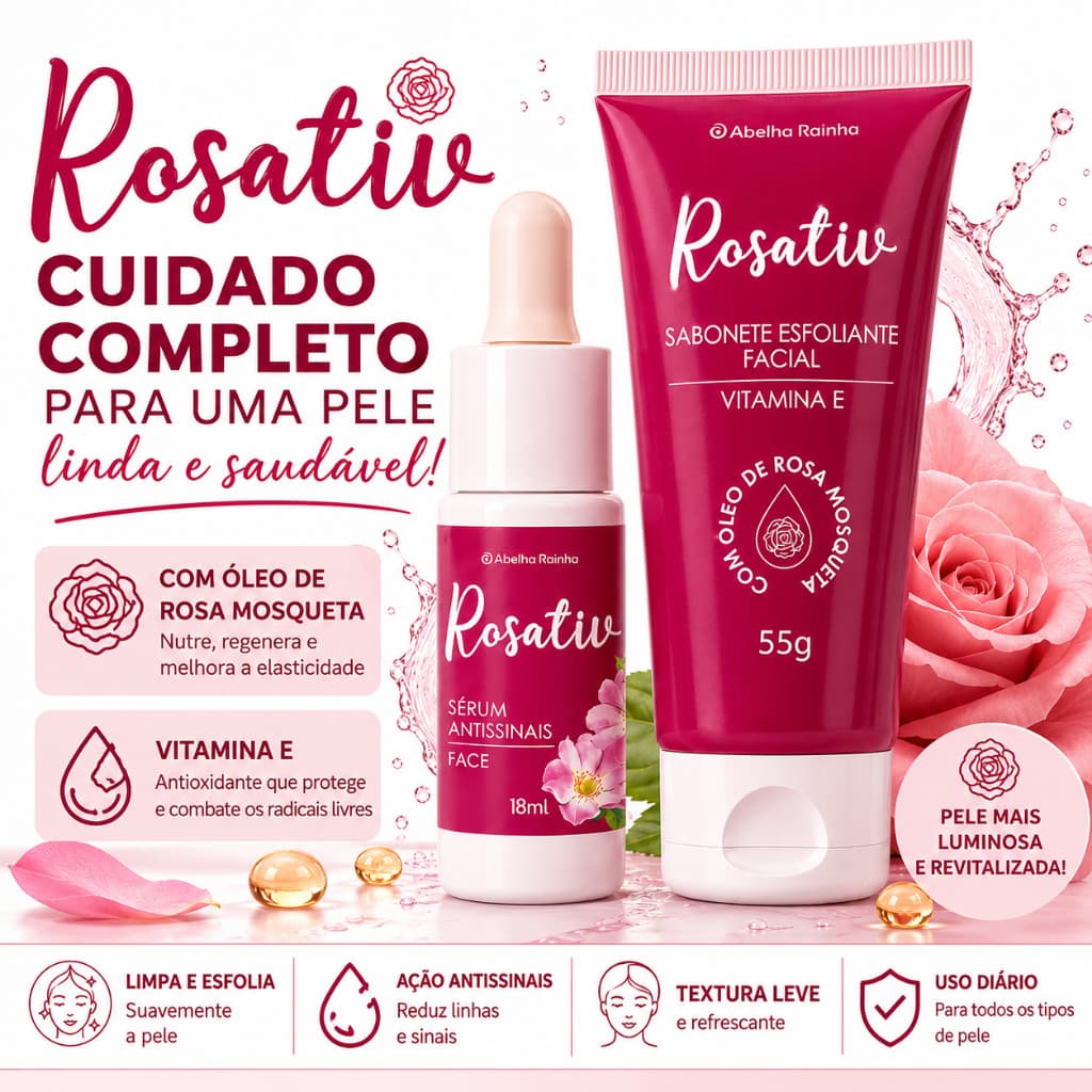 Kit Rosa Mosqueta Rosativ Sabonete Limpeza Facial Esfoliação E Serum Cuidado Antissinais da Pele Abelha Rainha