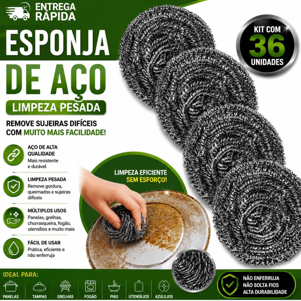 Esponja de Aço Inox Kit 36 Unidades Limpeza Pesada Lava Panela Grelha Churrasqueira Cozinha Panela
