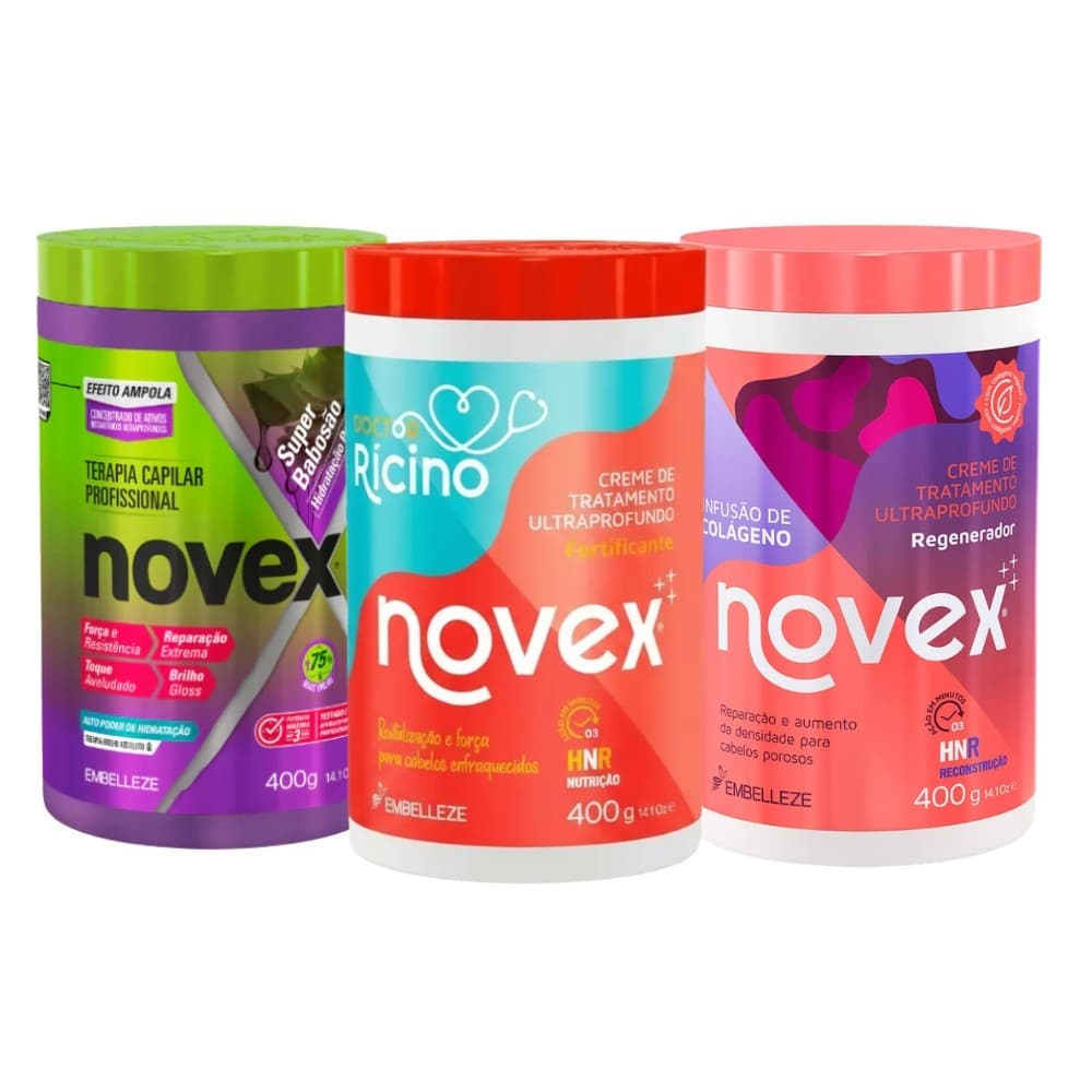 Kit Cronograma Capilar Novex 3 Cremes 400g Hidratação Nutrição Reconstrução Babosão Doctor Rícino Infusão de Colágeno