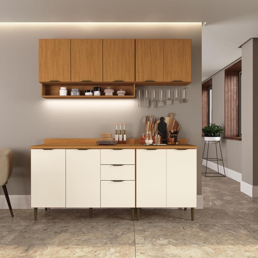 Kit Cozinha Completa Modulada 100% MDF Safira Nature Off White 220x190 cm Casamia