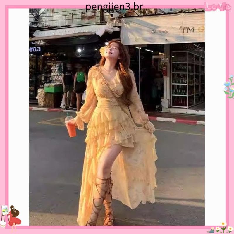 Plus Size roupas femininas ligeiramente gordura mm Floral babados com decote em V Design saia longa fino ajuste mais mag
