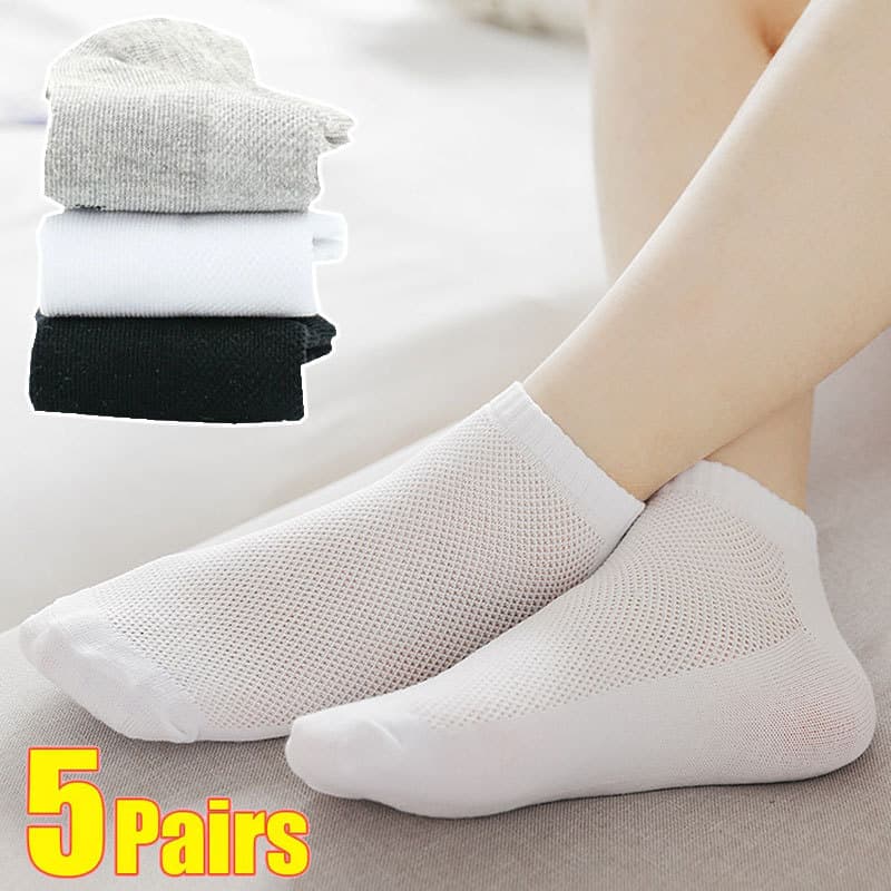 5 Pares Casuais Meias De Barco De Cor Lisa Finas Respiráveis Confortáveis Anti Odor Absorção De Suor Tornozelo De Corte