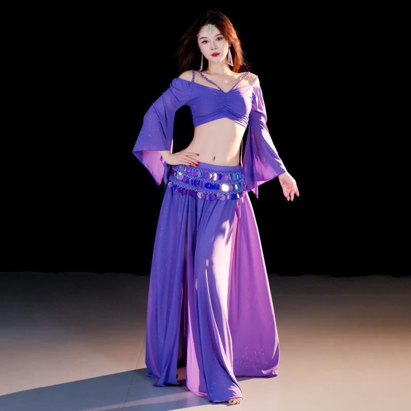 Conjunto de Fantasia de Dança do Ventre Feminina, Mangas Longas, Top + Saia Longa, 2 Peças, Traje de Três Peças P8UR