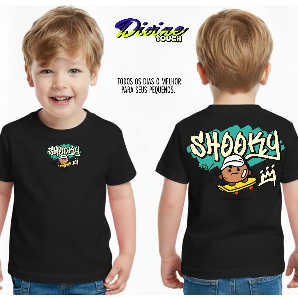Camiseta Infantil Malha 30.1 100% Algodão Juvenil Estilosa Camisa Shooky Colorida Skate Boneco
