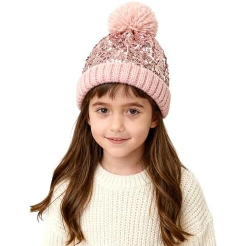 Gorro Infantil De Lantejoulas Feito À Mão Inverno Quente Malha Crochê Pom-Chapéus Brilho Crânio Boné