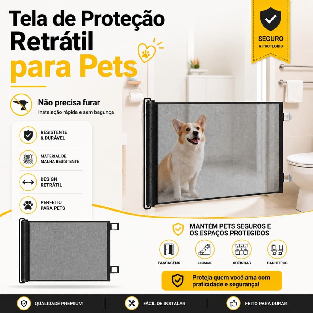 Tela Retrátil de Proteção para Cachorro Gato Bebê Barreira de Segurança Ajustável Sem Furos para Portas e Escadas
