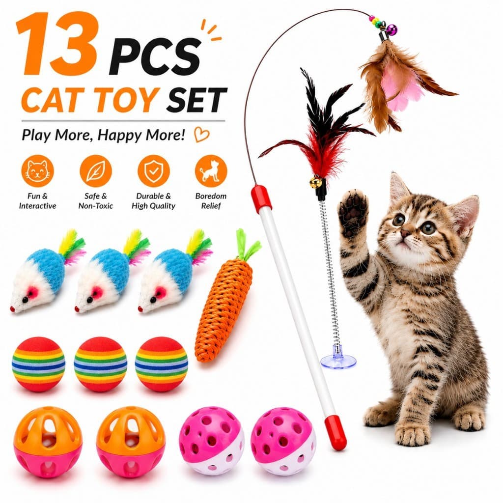 Conjunto de Brinquedos para Gatos 13 Peças, Brinquedos Interativos para Filhotes com Varinha de Penas e Bolas para Gatos