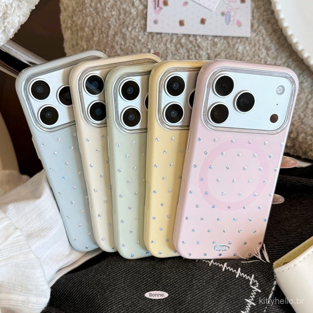 Capa prateada com bolinhas e detalhes dourados, adequada para iPhone 17 Pro Max, iPhone 16, design simples em estilo cor