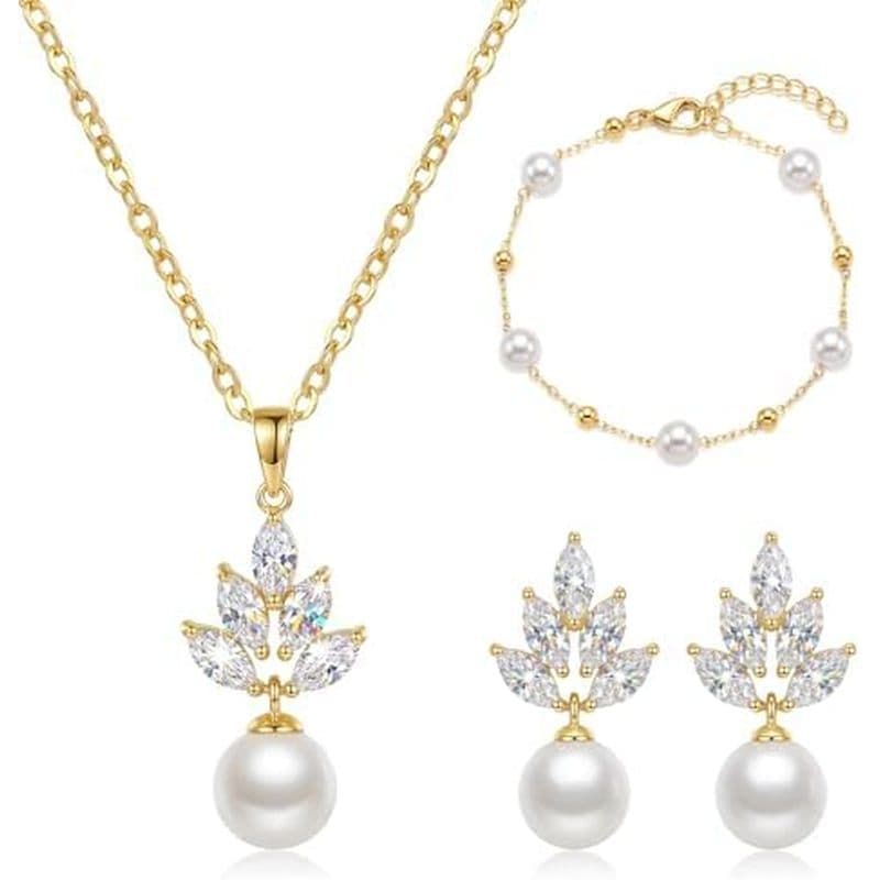 Conjuntos De Joias De Casamento Para Mulheres/Noivas/Damas De Honra , Colar De Pérolas De Zircônia Cúbica , Brincos , Pu