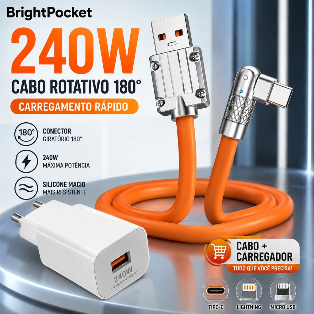 Cabo 240W Turbo Charge V8 Micro USB Lightning, Rotação 180°, Cabo Trançado Premium para Celular iPhone Android