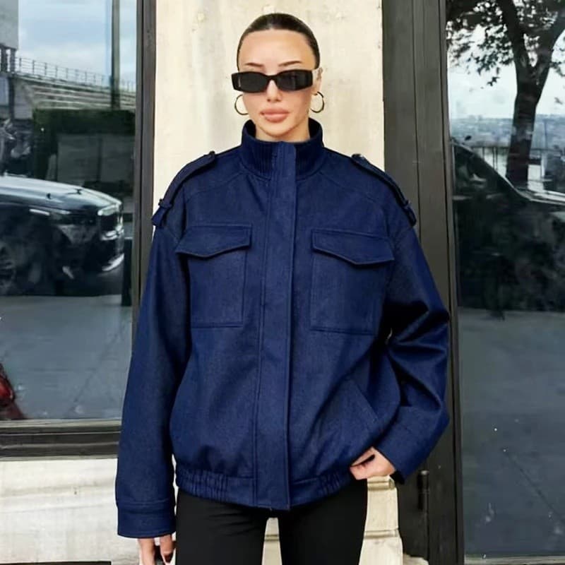 Jaqueta Feminina de Camurça Azul de Manga Longa, Jaqueta de Couro Sintético, Jaqueta Feminina de Meia-Estação 2026, Moda