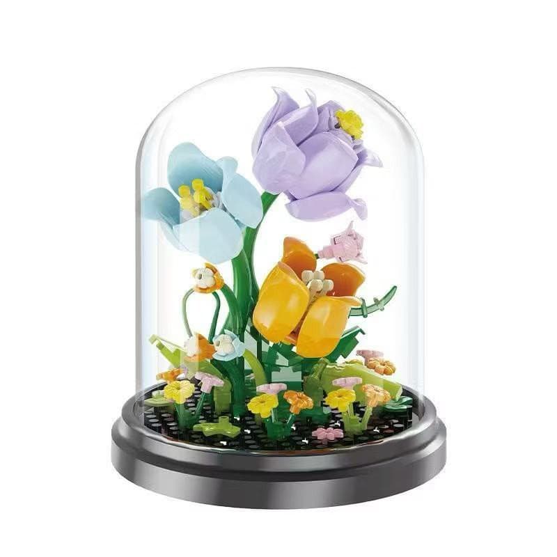 Buquê de Flores Coloridas de Blocos de Montar – 175 Peças com Cúpula Decorativa ✨