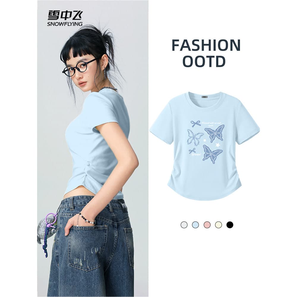 Neve voando camiseta de manga curta feminina 2026 novo estilo verão plissado cintura estreita pequena camisa pequena Com