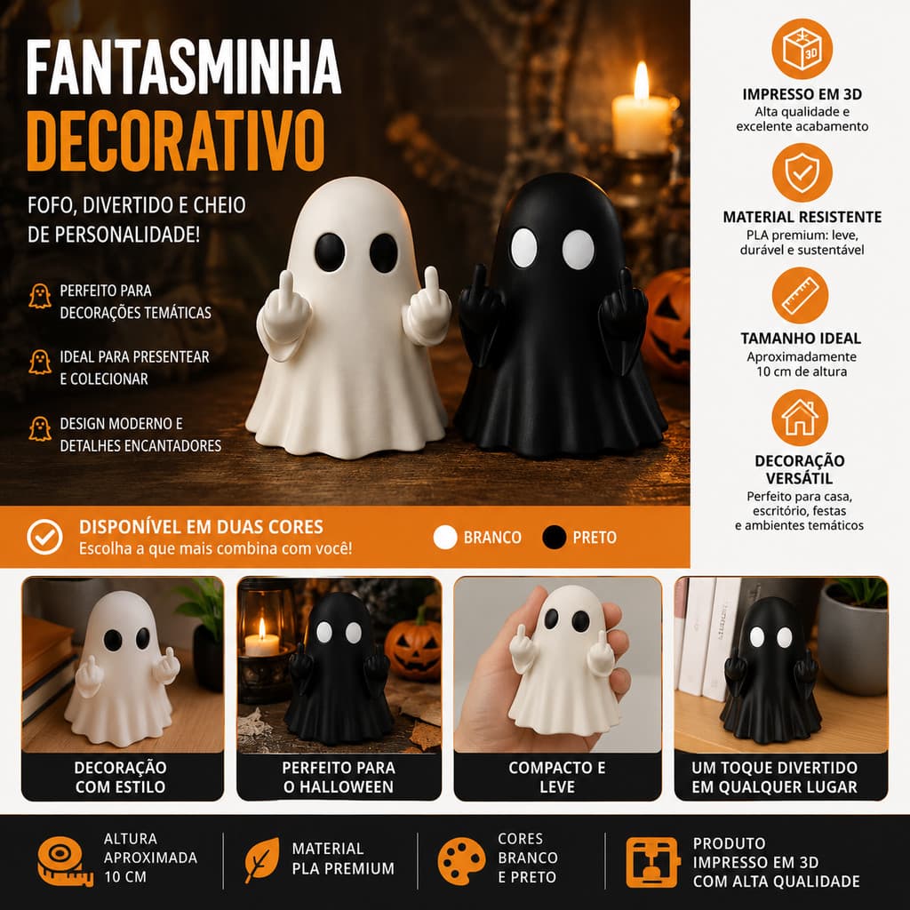 Fantasma Decorativo 3D Halloween Engraçado 10cm Decoração Criativa Colecionável em PLA Premium