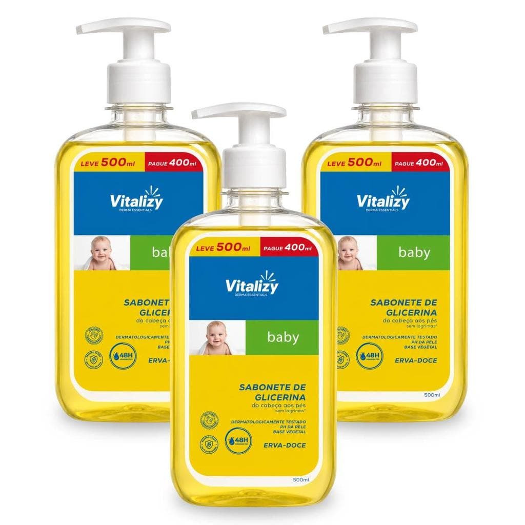 Kit 3x500ml Sabonete Líquido Bebê Glicerina Sem Lágrimas Erva-Doce Dermatologicamente Testado Base Vegetal Vitalizy