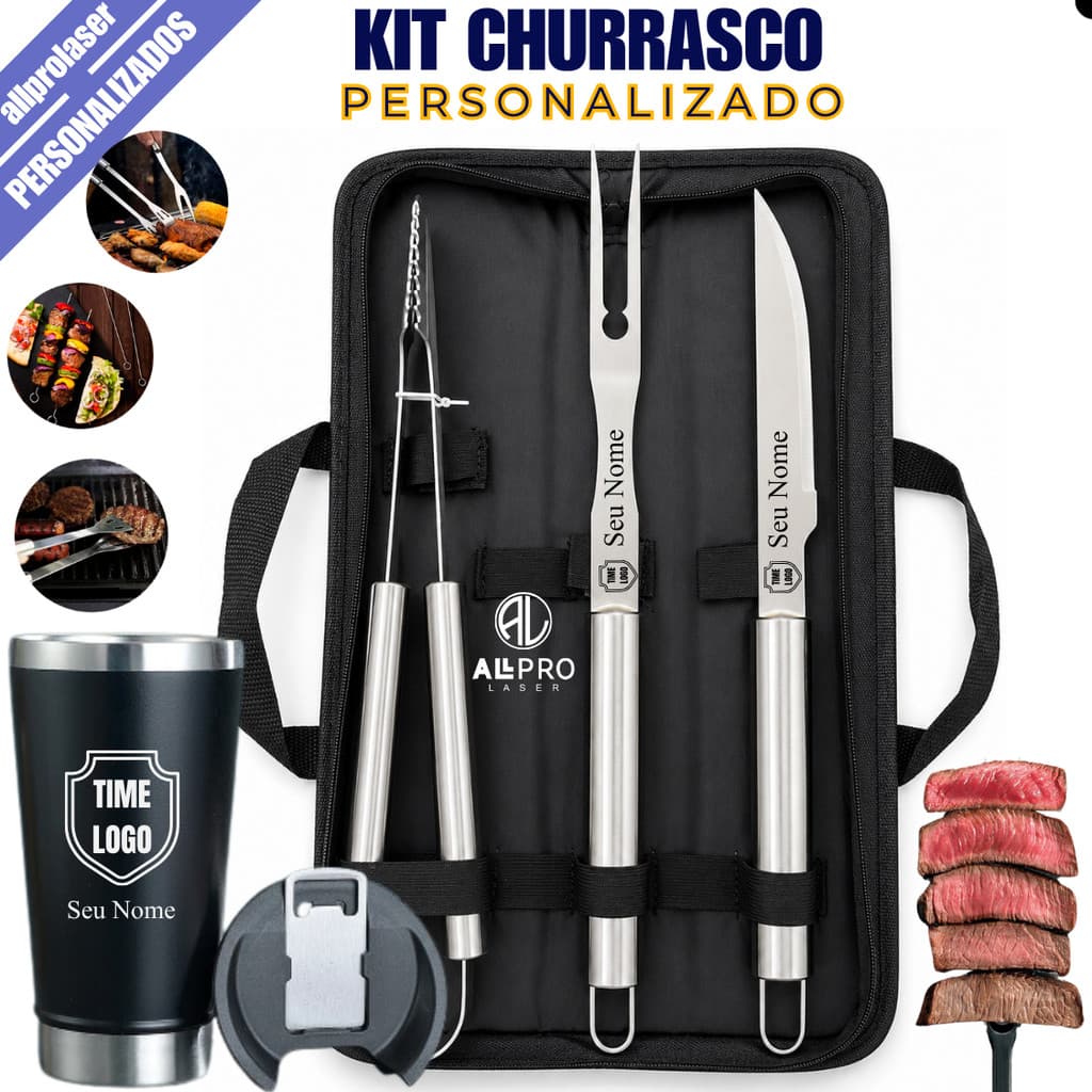 Kit Churrasco Inox 3 Pçs ou  Kit Churrasco Inox 3 Pçs + Copo Personalizado