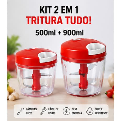 Kit Triturador Manual 500ml e 900ml 5 Lâminas Inox | Processador Alimentos Alho Cebola Cozinha