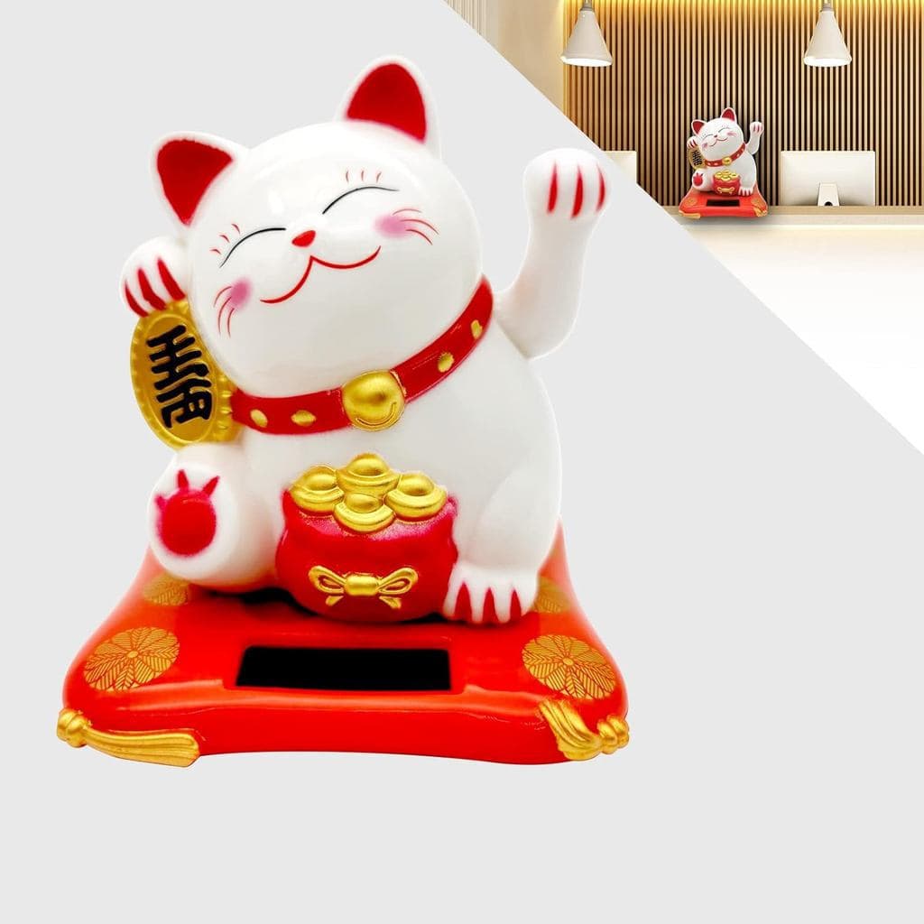 Conjunto de Gato da Sorte Acenando com o Braço, Gato Chinês Vívido e Adorável, Estátua de Gato da Sorte Solar para Decor