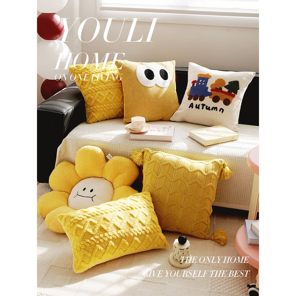 Amarelo cremoso dos desenhos animados bonito simples sala de estar sofá fronha crianças Bay janela travesseiro cama almo