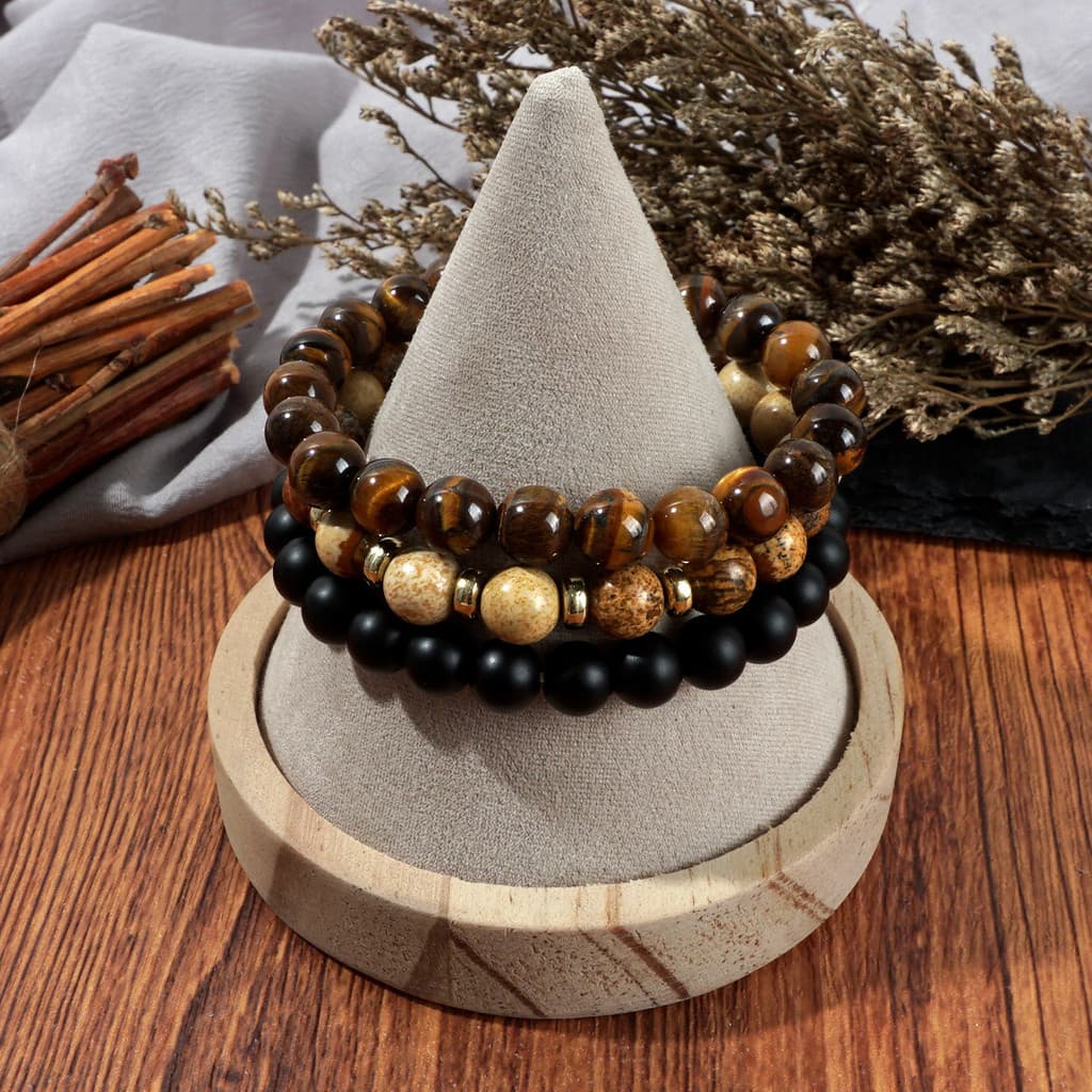 Pulseira de pedra Natural novo estilo olho de tigre pedra vulcânica ônix preto duplo frisado empilhado Amazon pulseira d