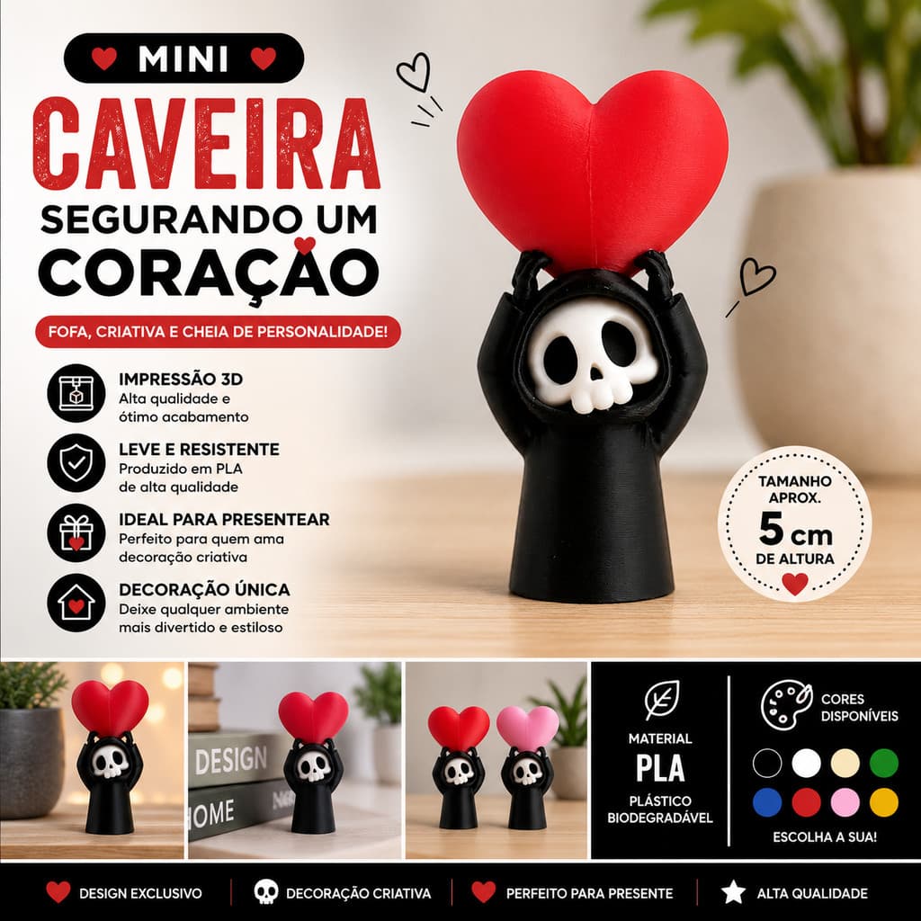 🖤 Mini Caveira Segurando Coração – Decoração Fofa e Criativa em Impressão 3D
