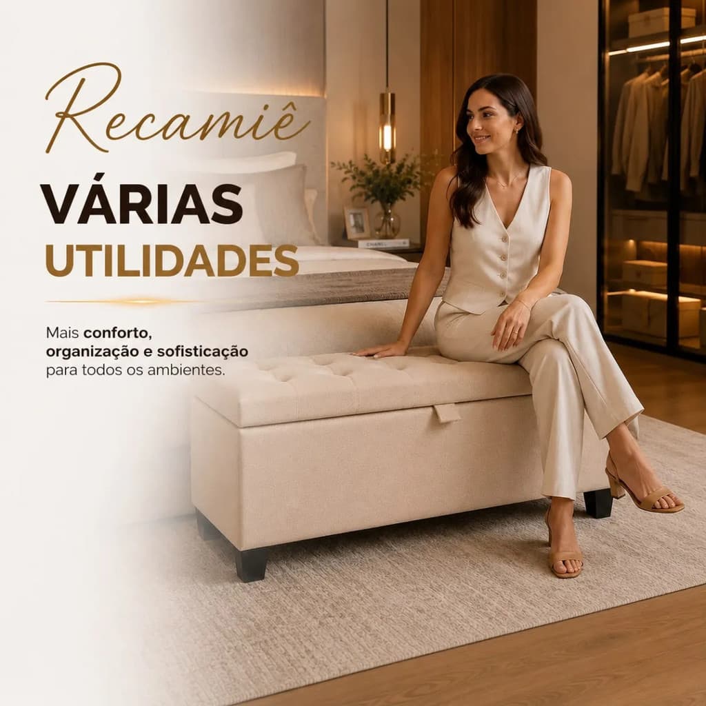 Recamier Baú Estofado Para Quarto Sapateira Organizador 90CM Pés Madeira Premium Veludo Momentos Com A Familia Decoração
