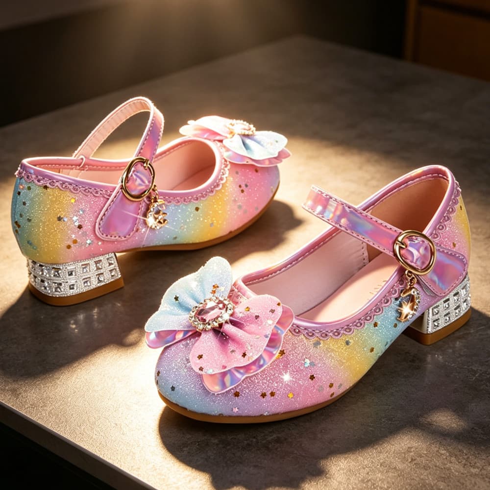 Princesa Meninas Glitter Arco-Íris Salto Alto Azul Rosa Borboleta Estrela Mary Jane Sapatos Para Festa De Aniversário Oc