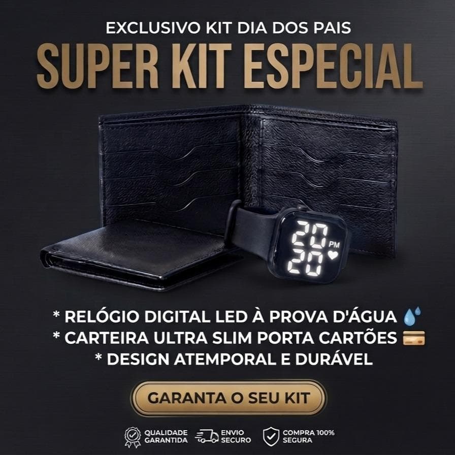 Kit Masculino Relógio Digital Minimalista Preto + Carteira Premium Texturizada - Presente Ideal para o Dia dos Pais