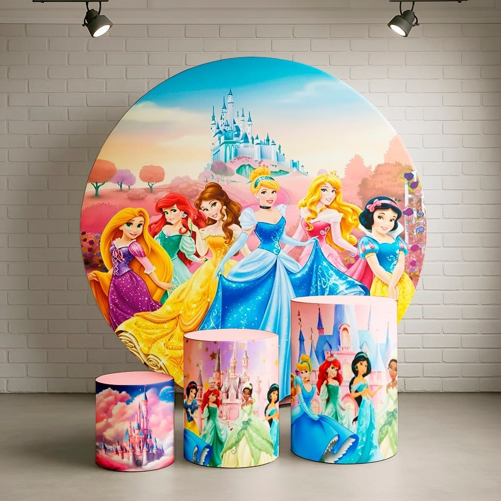 Kit Capa De Painel Redondo + Capas De Cilindro Para Festas Tema Princesas Classicas Princesa Encantada