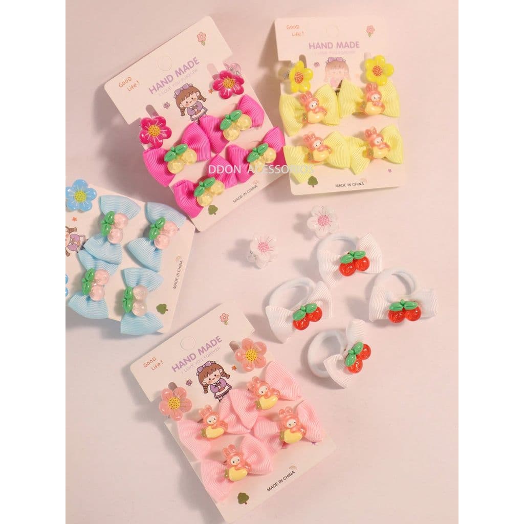 Kit Infantil 2 Cartelas 12 Peças Elástico Laço Cereja Presilha Mini Piranha Menina Bebê Sortido