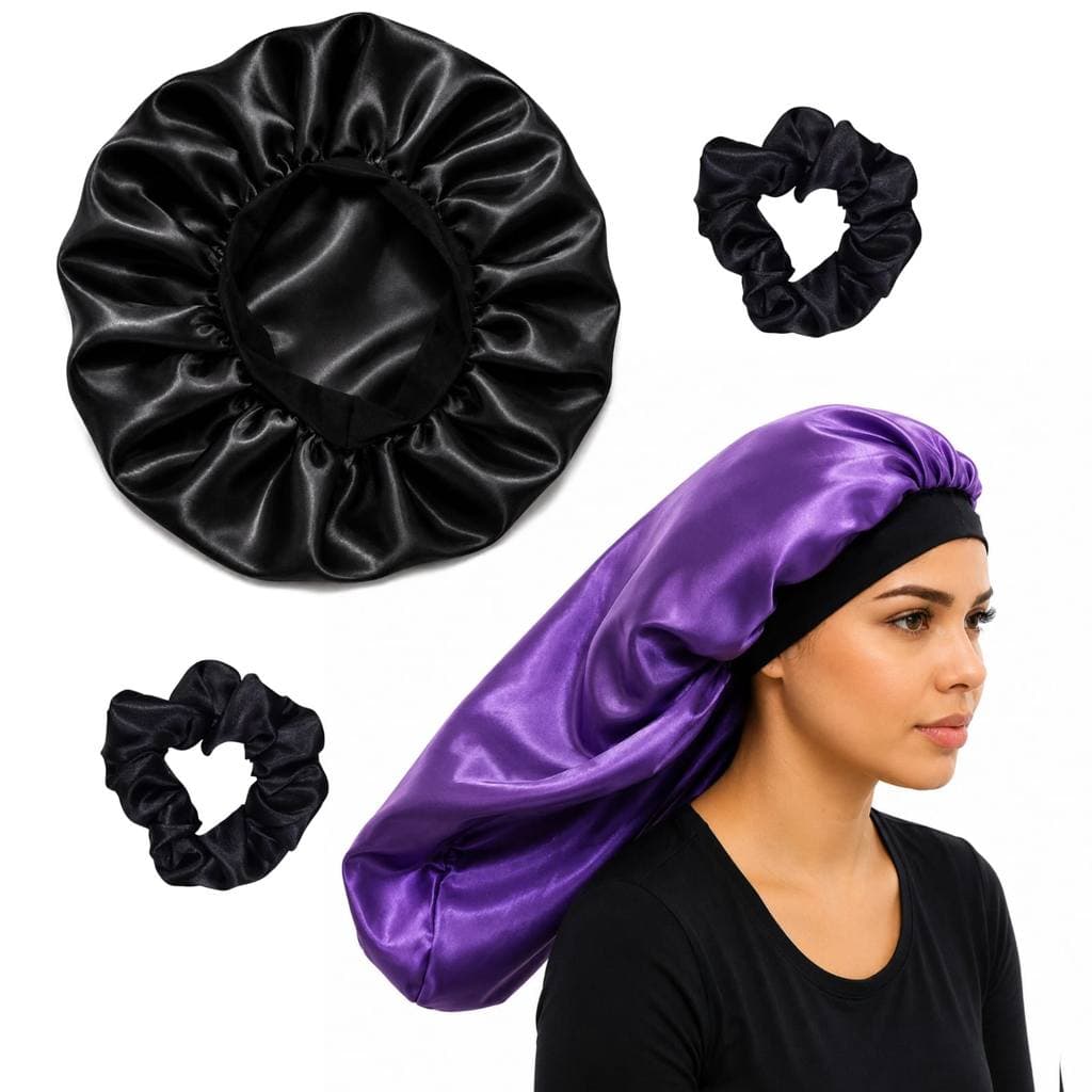 Kit Touca Longa de Cetim, Touca de cetim e Scrunchies Roxo e Preto