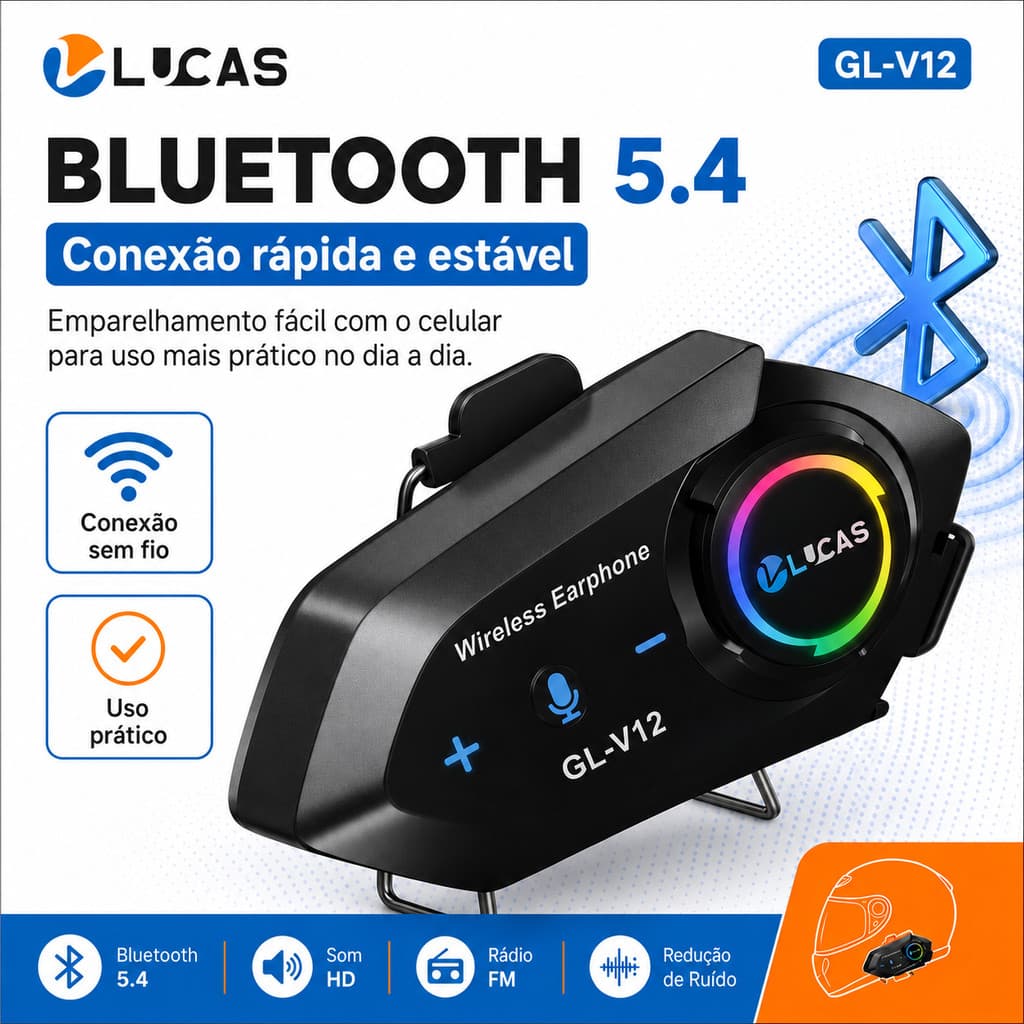 Fone Bluetooth Capacete Moto GL-V12 Conecta 2 Celulares FM Assistente de Voz