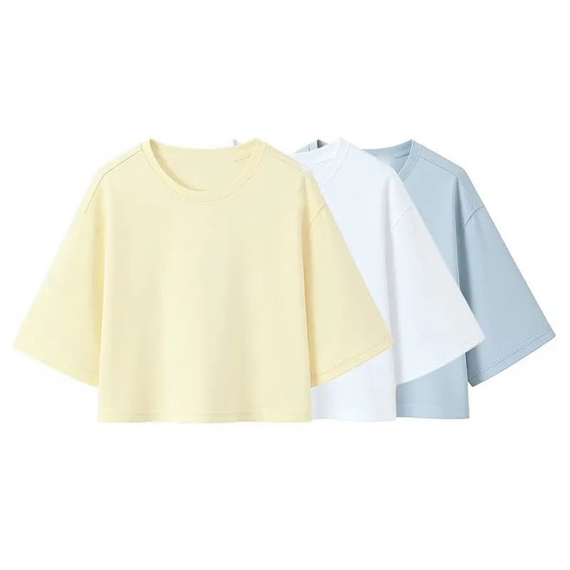Camiseta Cropped Oversize Feminina Casual Primavera Verão Decote Redondo Manga Curta Top Macio para Mulheres com Barra R